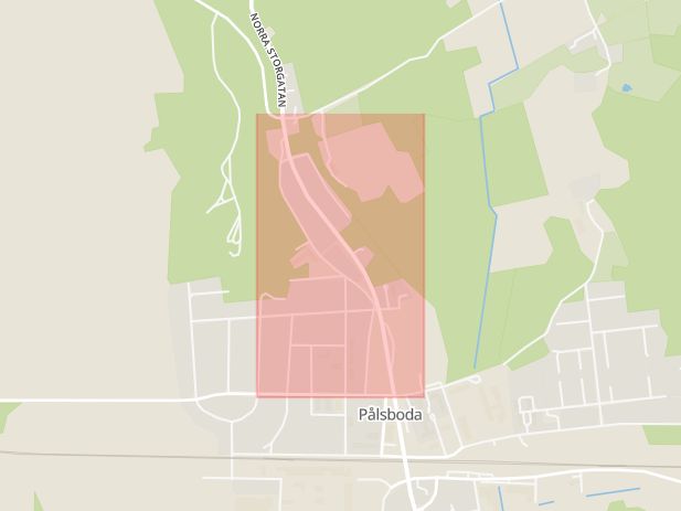 Karta som med röd fyrkant ramar in Pålsboda, Norra Storgatan, Hallsberg, Örebro län