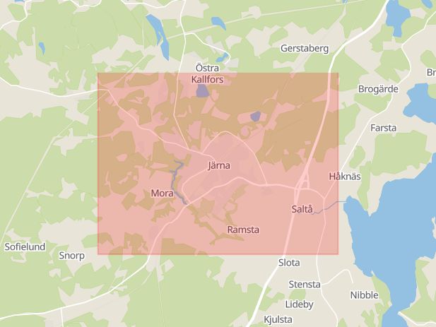Karta som med röd fyrkant ramar in Järna, Hölö, Södertälje, Stockholms län