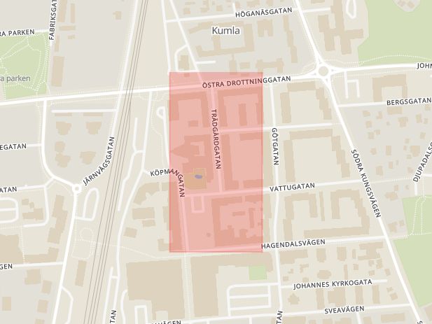 Karta som med röd fyrkant ramar in Trädgårdsgatan, Kumla, Örebro län