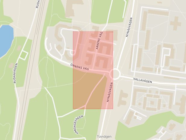Karta som med röd fyrkant ramar in Arkens Väg, Örnens Väg, Haninge, Stockholms län
