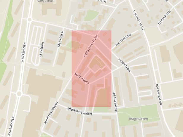Karta som med röd fyrkant ramar in Smedvägen, Brandbergen, Haninge, Stockholms län