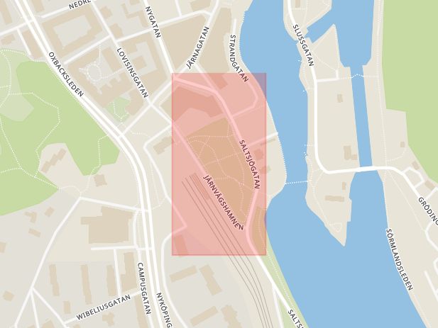 Karta som med röd fyrkant ramar in Stadsparken, Södertälje, Stockholms län