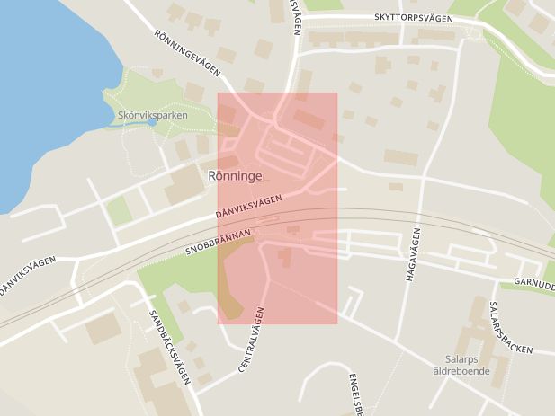 Karta som med röd fyrkant ramar in Rönninge Station, Salem, Stockholms län