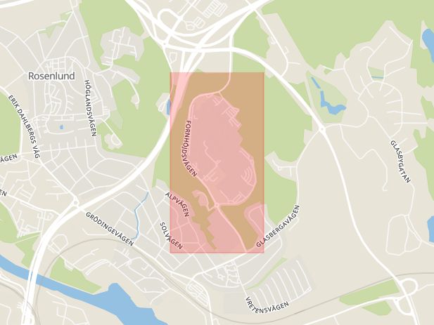 Karta som med röd fyrkant ramar in Fornhöjden, Södertälje, Stockholms län