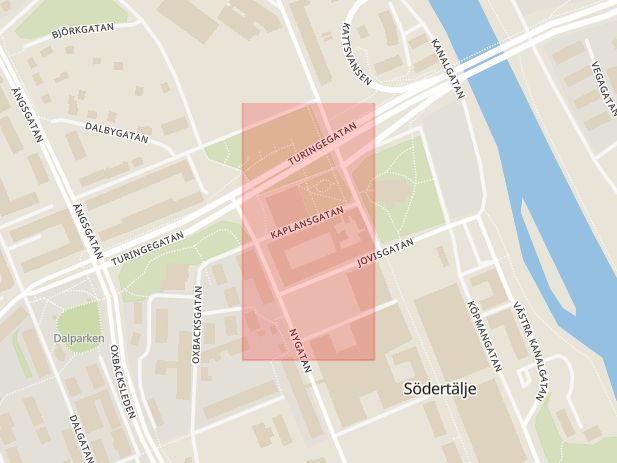 Karta som med röd fyrkant ramar in Kaplansgatan, Södertälje, Stockholms län