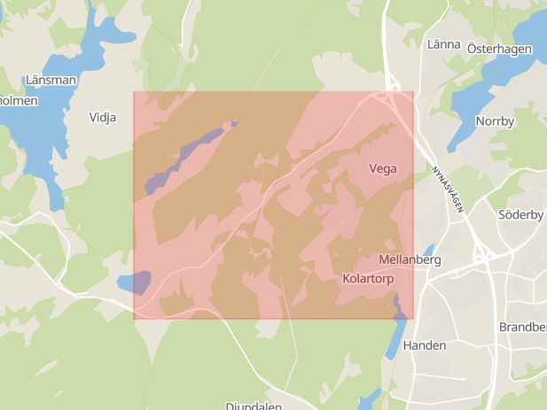 Karta som med röd fyrkant ramar in Länna, Lissmavägen, Huddinge, Stockholms län