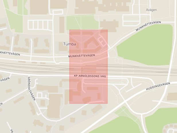 Karta som med röd fyrkant ramar in Tumba Station, Botkyrka, Stockholms län