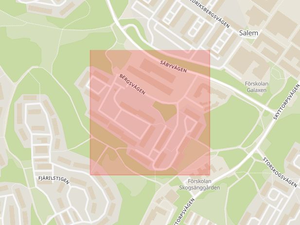 Karta som med röd fyrkant ramar in Bergsvägen, Salem, Stockholms län