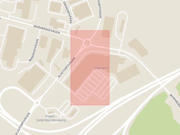 Karta som med röd fyrkant ramar in Moraberg, Solna, Fittja, Trafikplats Moraberg, Södertälje, Stockholms län
