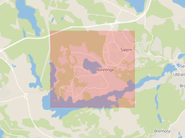 Karta som med röd fyrkant ramar in Rönninge, Stockholms län