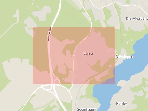 Karta som med röd fyrkant ramar in Länna, Haninge, Huddinge, Stockholms län