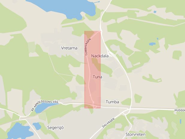 Karta som med röd fyrkant ramar in Tumbavägen, Botkyrka, Stockholms län