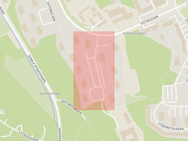 Karta som med röd fyrkant ramar in Vallhornsvägen, Huddinge, Stockholms län