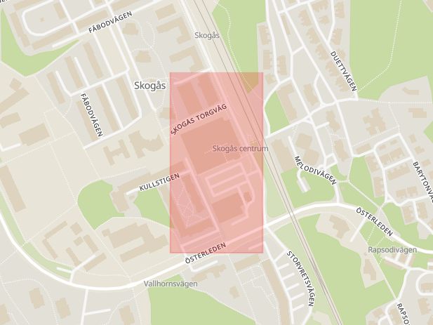 Karta som med röd fyrkant ramar in Skogås, Skogås Centrum, Huddinge, Stockholms län