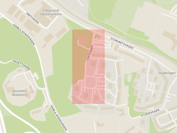 Karta som med röd fyrkant ramar in Skogås, Loftvägen, Huddinge, Stockholms län