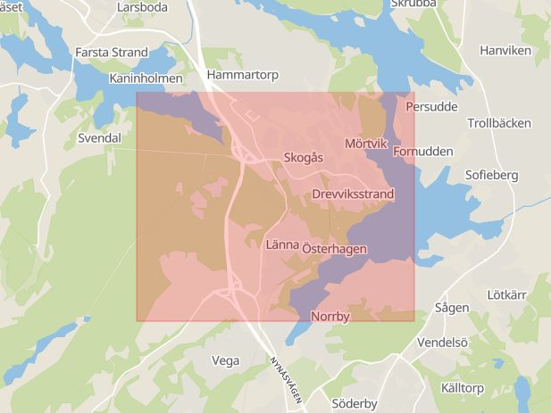Karta som med röd fyrkant ramar in Skogås, Klippan, Huddinge, Stockholms län