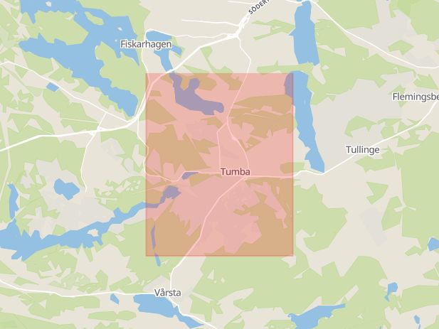 Karta som med röd fyrkant ramar in Tumba, Södertälje, Stockholms län