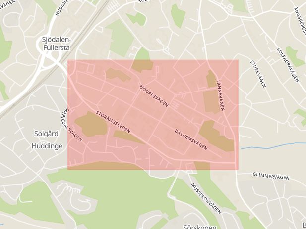 Karta som med röd fyrkant ramar in Sjödalen, Dalhemsvägen, Huddinge, Stockholms län