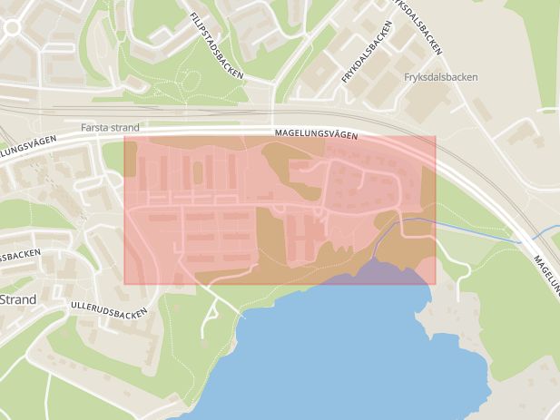 Karta som med röd fyrkant ramar in Farsta Strand, Nordmarksvägen, Stockholm, Stockholms län