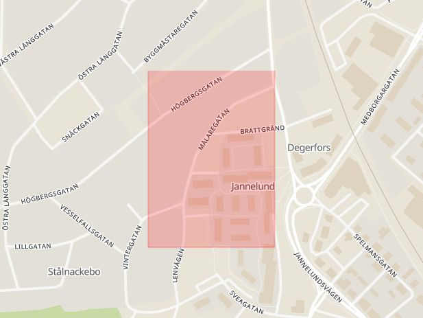 Karta som med röd fyrkant ramar in Målaregatan, Degerfors, Örebro län