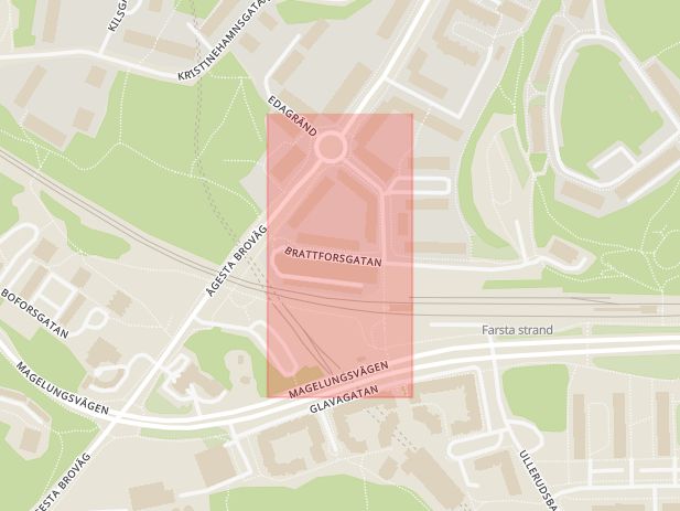 Karta som med röd fyrkant ramar in Brattforsgatan, Farsta, Farsta Strand, Stockholm, Stockholms län