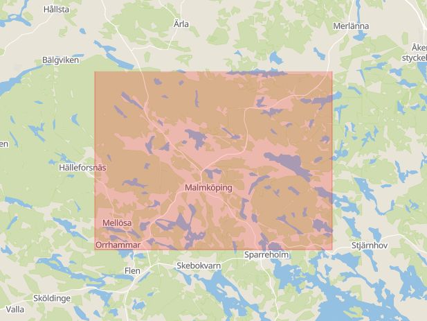 Karta som med röd fyrkant ramar in Malmköping, Gnesta, Södermanlands län