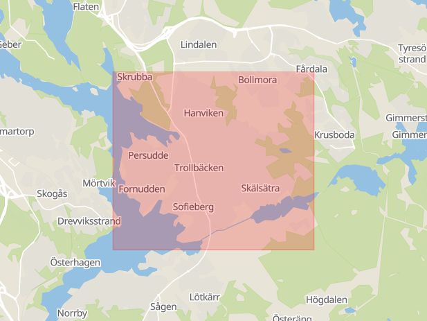 Karta som med röd fyrkant ramar in Trollbäcken, Tyresö, Stockholms län
