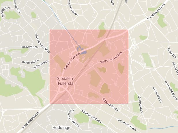 Karta som med röd fyrkant ramar in Huddingevägen, Fullersta, Stockholm, Huddinge, Stockholms län