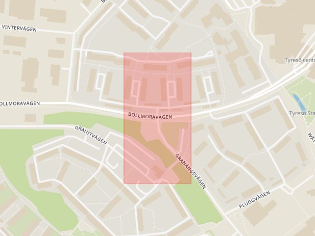 Karta som med röd fyrkant ramar in Bollmoravägen, Granängsvägen, Tyresö, Stockholms län