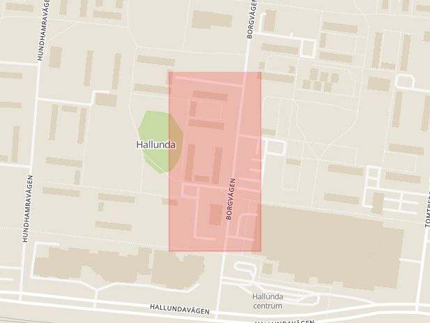 Karta som med röd fyrkant ramar in Hallunda, Fittja, Botkyrka, Stockholms län