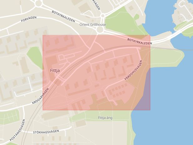 Karta som med röd fyrkant ramar in Värdshusvägen, Fittja, Botkyrka, Stockholms län
