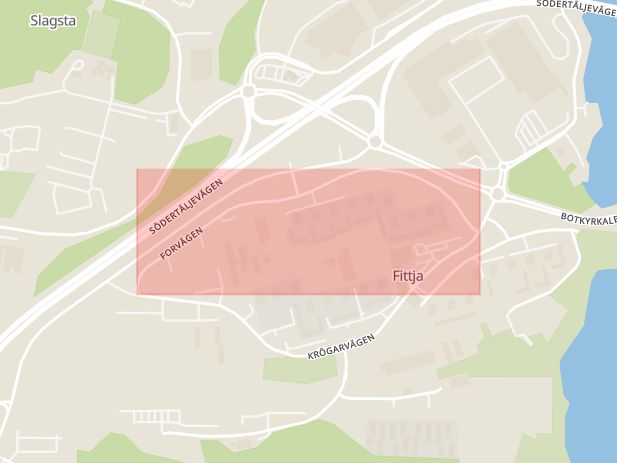 Karta som med röd fyrkant ramar in Fittja, Forvägen, Botkyrka, Stockholms län