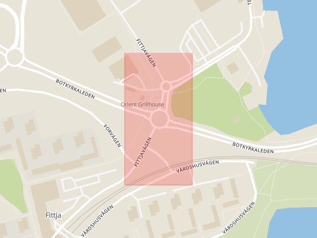 Karta som med röd fyrkant ramar in Trafikplats Fittja, Botkyrka, Stockholms län