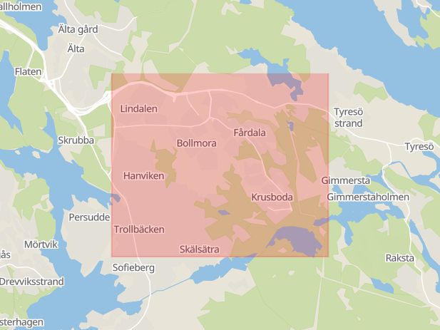 Karta som med röd fyrkant ramar in Bollmora, Tyresö, Stockholms län