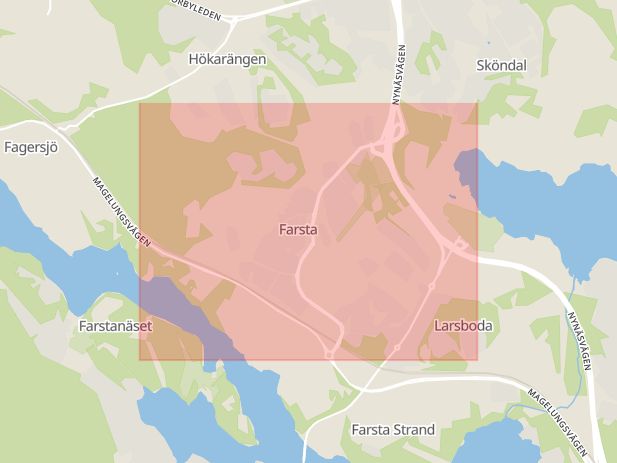 Karta som med röd fyrkant ramar in Jordbro, Farsta, Haninge, Stockholms län