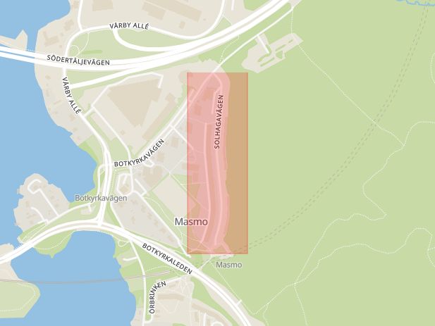 Karta som med röd fyrkant ramar in Solhagavägen, Vårby, Huddinge, Stockholms län