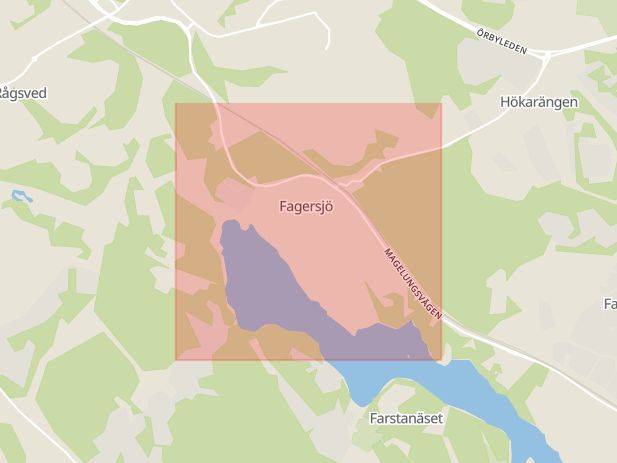 Karta som med röd fyrkant ramar in Fagersjö, Stockholms län