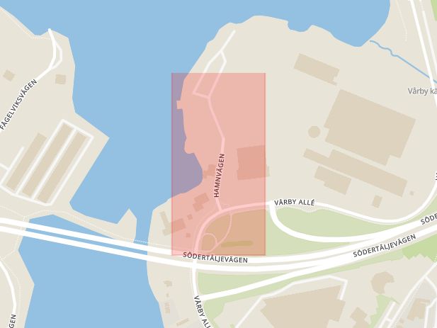 Karta som med röd fyrkant ramar in Vårby, Hamnvägen, Huddinge, Stockholms län