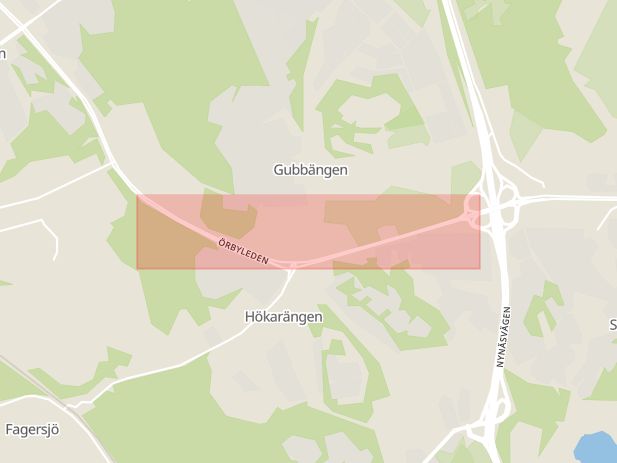 Karta som med röd fyrkant ramar in Örbyleden, Hökarängen, Stockholm, Stockholms län