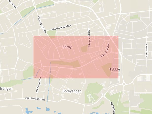 Karta som med röd fyrkant ramar in Örebro, Vivallaringen, Varberga, Studievägen, Sörbyängen, Örebro län
