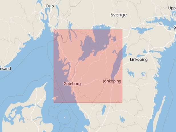Karta som med röd fyrkant ramar in Göteborg, Munkedal, Källaren, Borås, Fristadsvägen, Falköping, Danska Vägen, Trollhättan, Tessingatan, Västra Götaland, Västra Götalands län