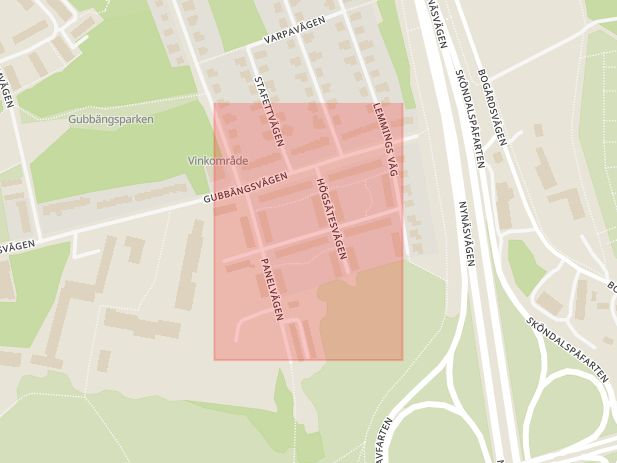 Karta som med röd fyrkant ramar in Hökarängen, Fanervägen, Stockholm, Stockholms län