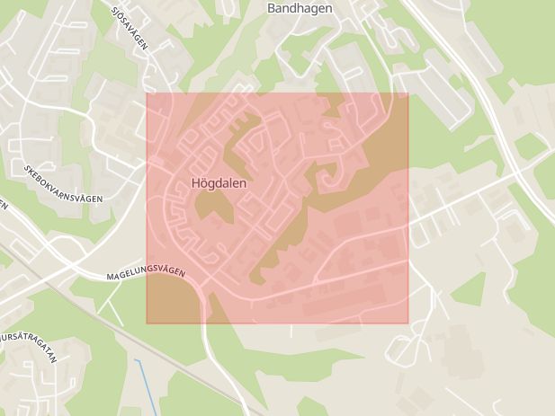 Karta som med röd fyrkant ramar in Högdalen, Harpsundsvägen, Stockholm, Stockholms län