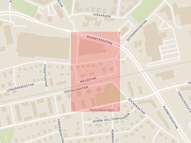 Karta som med röd fyrkant ramar in Målgatan, Rudbecksgatan, Örebro, Örebro län