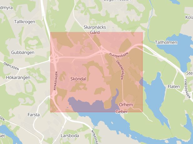 Karta som med röd fyrkant ramar in Sköndal, Stockholms län