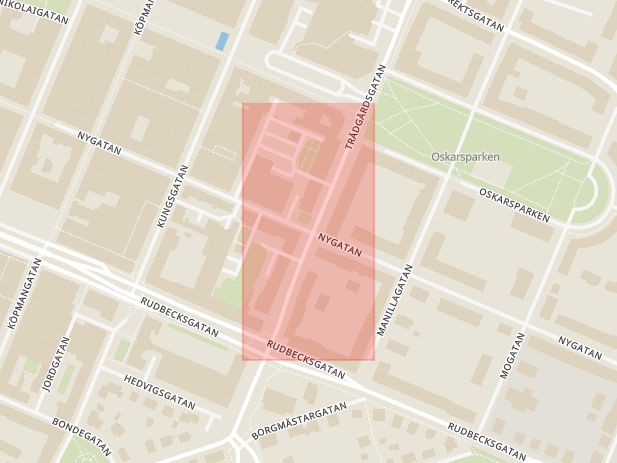 Karta som med röd fyrkant ramar in Kungsgatan, Nygatan, Trädgårdsgatan, Örebro, Örebro län