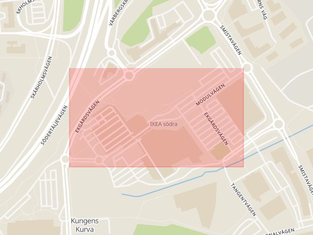 Karta som med röd fyrkant ramar in Modulvägen, Segeltorp, Huddinge, Stockholms län