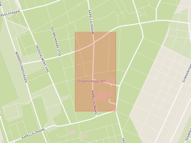 Karta som med röd fyrkant ramar in Farsta, Skogskyrkogården, Haninge, Stockholms län