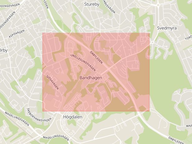 Karta som med röd fyrkant ramar in Bandhagen, Stockholms län