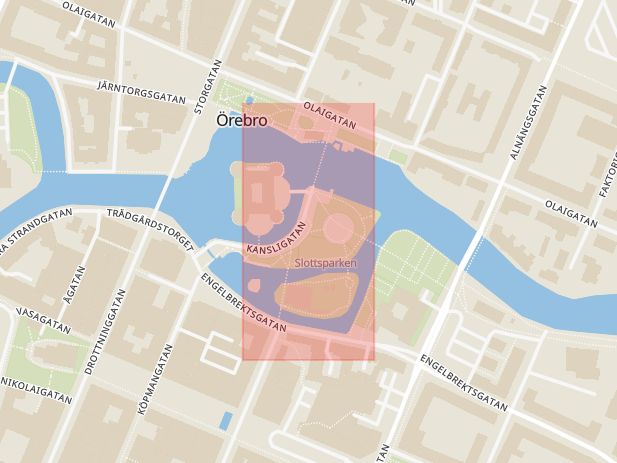 Karta som med röd fyrkant ramar in Slottsparken, Örebro, Örebro län